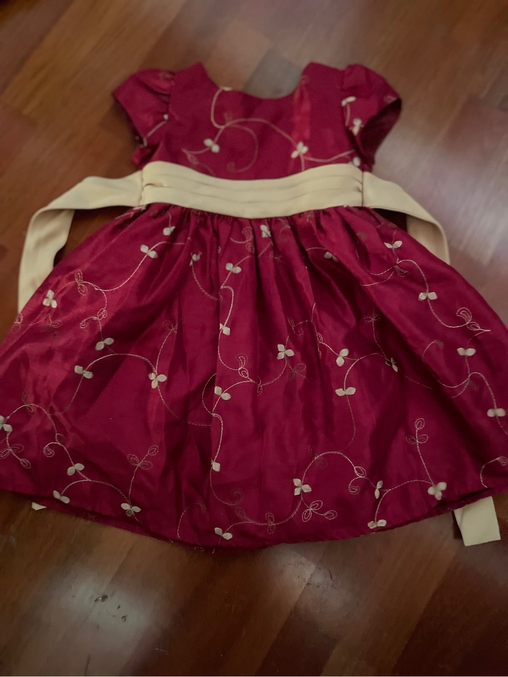 George Burgundy Floral Embroidered Party Dress with Cream Sash